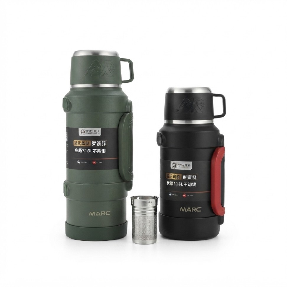 فلاسک بزرگ ۴ لیتری مسافرتی KD رنگ سرمهای مشکی با درب دکمهای ضدنشت و دستگیره حمل